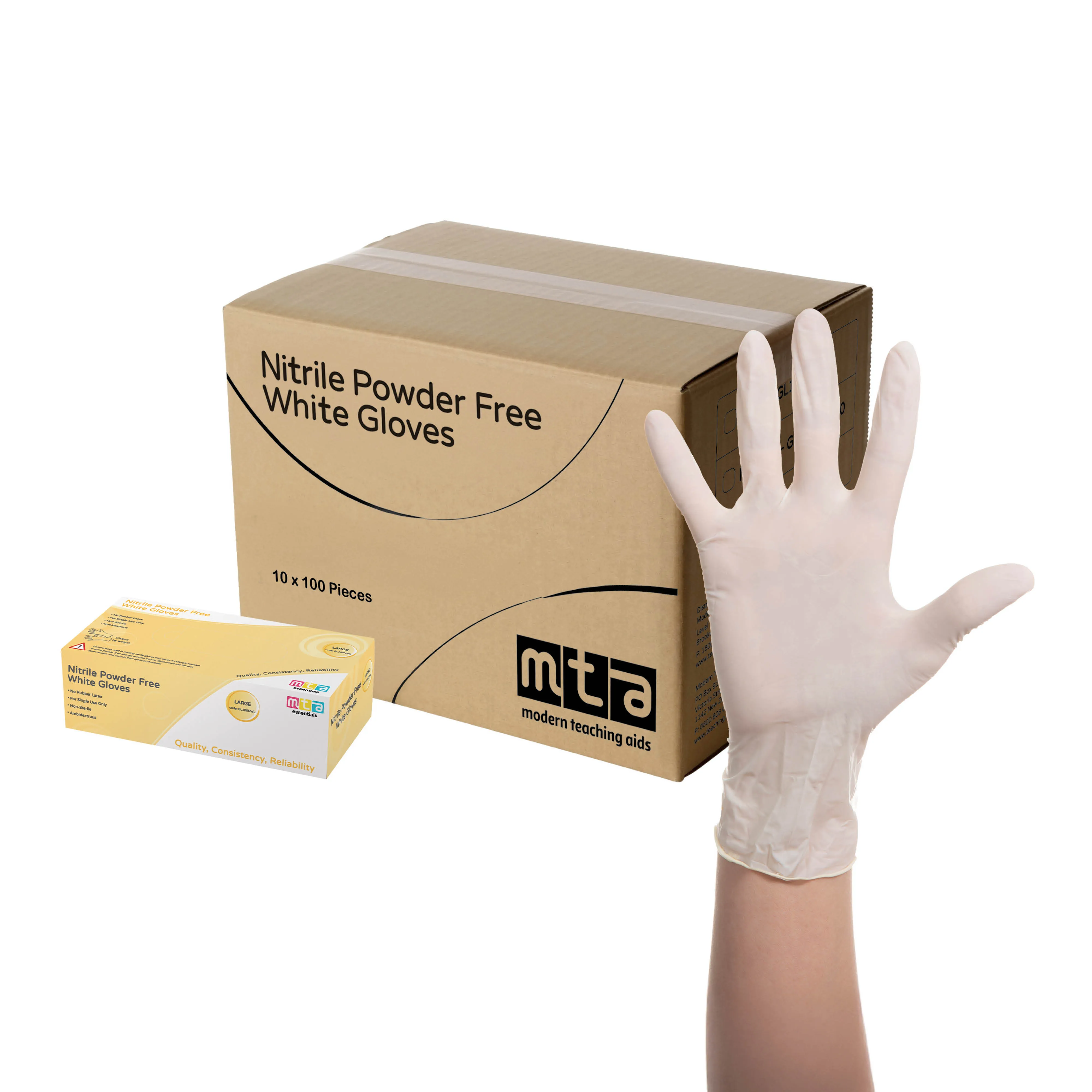 MTA Essentials Nitrile Gloves White Medium- 10 x Pack of 100