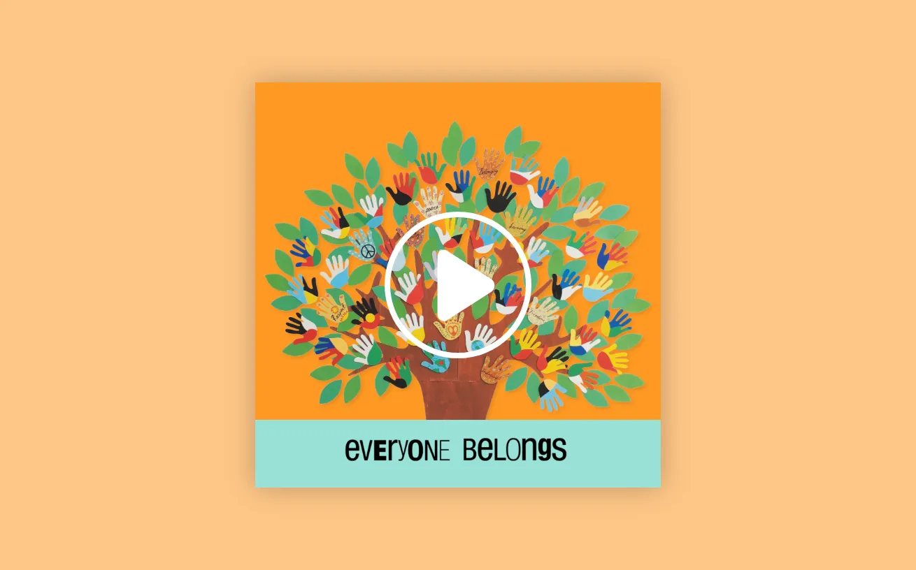 Harmony Day hits Spotify album covering featuring a tree made of illustrated hand prints with the term 'Everyone Belongs'