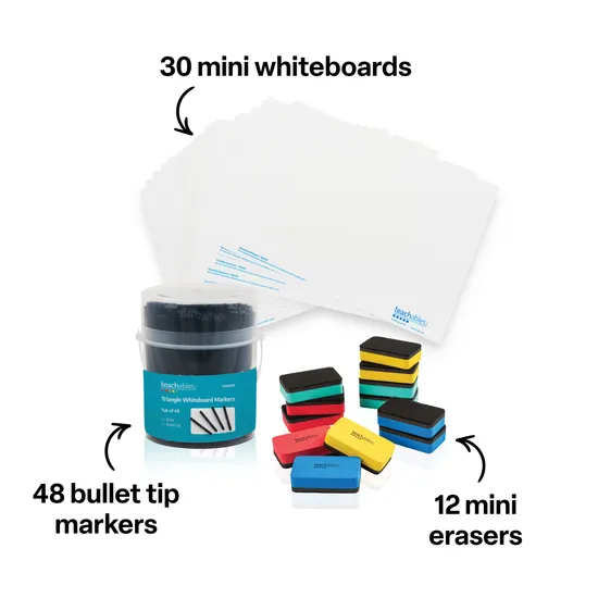 Teachables Blank Mini Whiteboards, Tri Markers Mini Eraser Kit